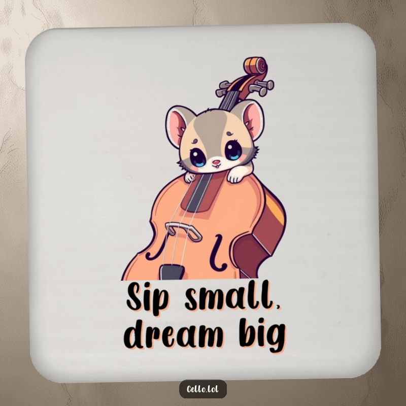 Funny drink coasters with a small animal, wide eyes, leaning into a large cello, protecting surfaces with musical charm.