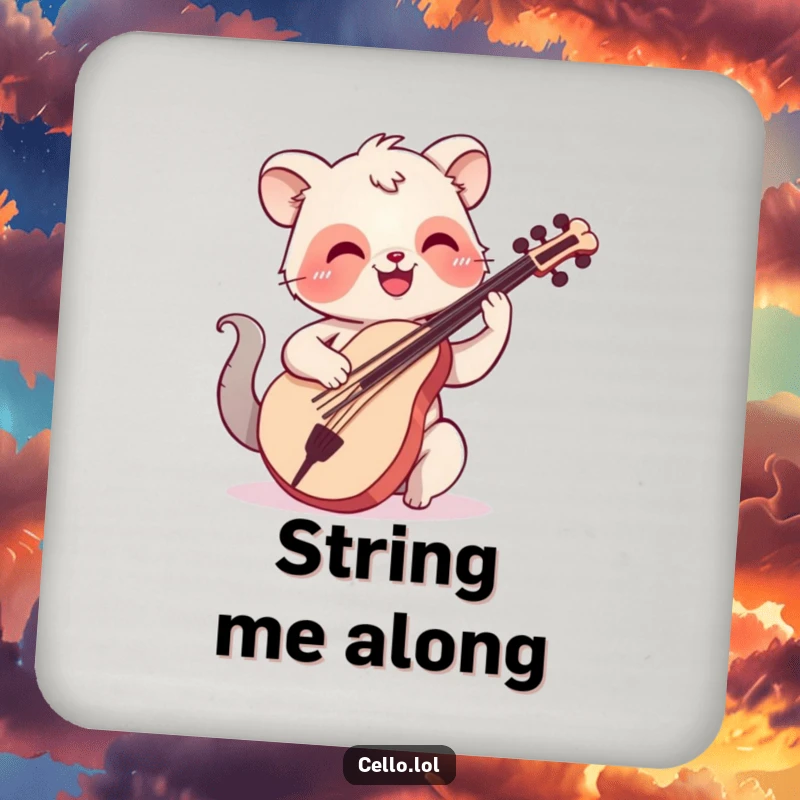 Funny drink coasters with a happy animal smiling while plucking cello strings, protecting surfaces with musical charm.