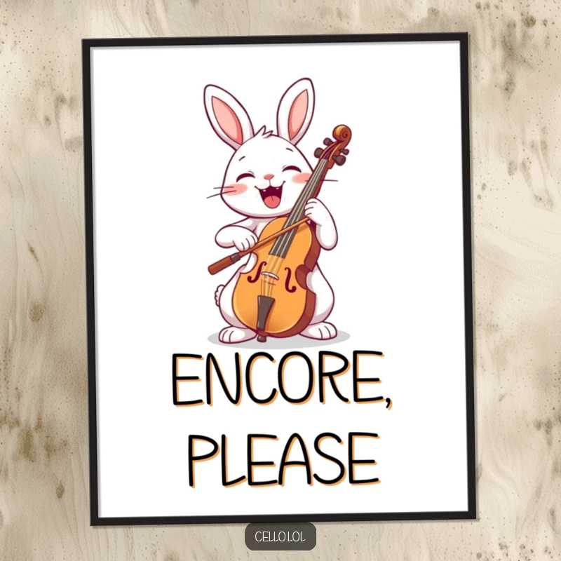 Funny rabbit playing cello with a wide smile, joyful musical artwork, wall decor, vibrant animal art, great funny gift.