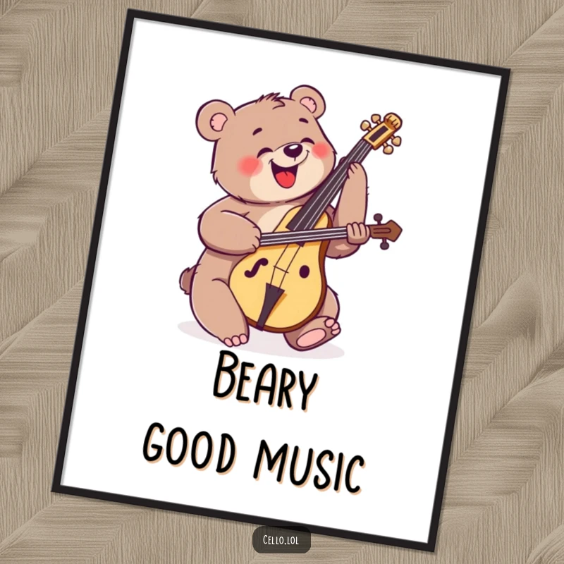 Funny happy bear strumming cello with enthusiastic energy, musical wall art, energetic poster, vibrant creature, excellent funny gift.