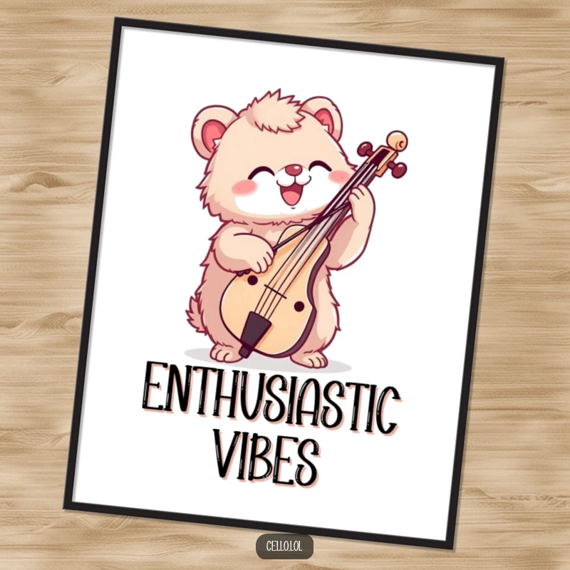 Funny poster featuring a fuzzy creature enthusiastically bowing a cello, showcasing musical passion and decorative humor.