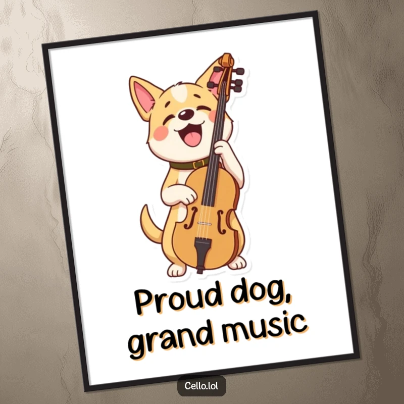 Funny dog poster holding cello looking very proud, a vibrant and humorous piece of musical wall art. Perfect gift.