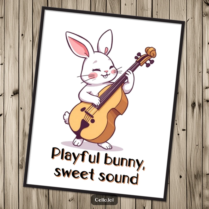 Funny rabbit poster strumming cello with playful abandon, a vibrant and humorous piece of musical wall art. Perfect gift.