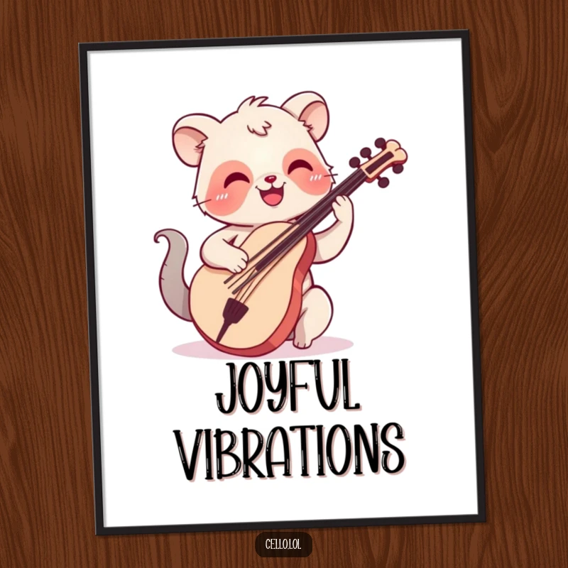 Funny poster featuring a happy animal with a smile plucking cello strings, showcasing musical joy and decorative humor.