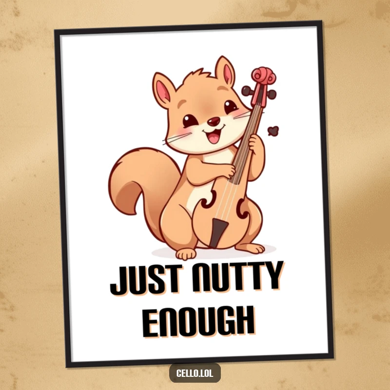 Funny playful squirrel holding cello bow with delight, charming musical art, wall decor, happy creature, excellent funny gift.