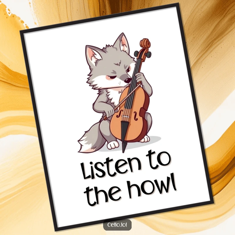 Funny determined wolf playing cello with concentration, intense musical art, wall decor, focused creature, excellent funny gift.