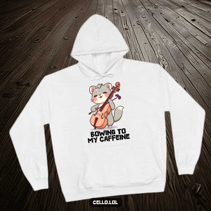 Funny, warm hoodie with an animal joyfully bowing across cello strings, perfect for music lovers seeking comfort and humor.