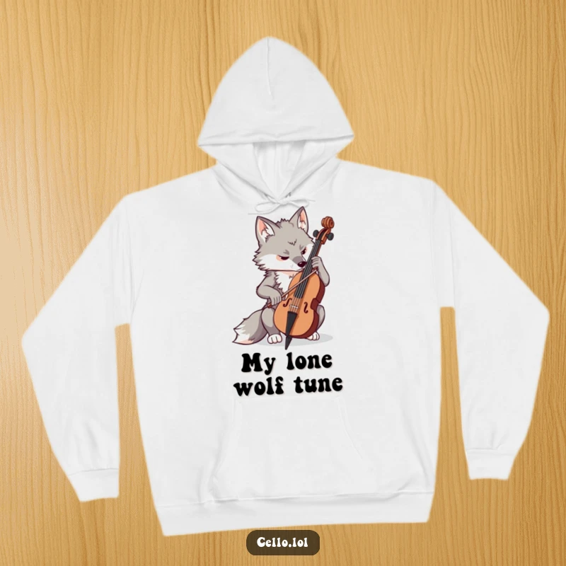 Funny determined wolf playing cello with concentration, warm hoodie, focused musician, cozy gift idea, perfect funny gift.