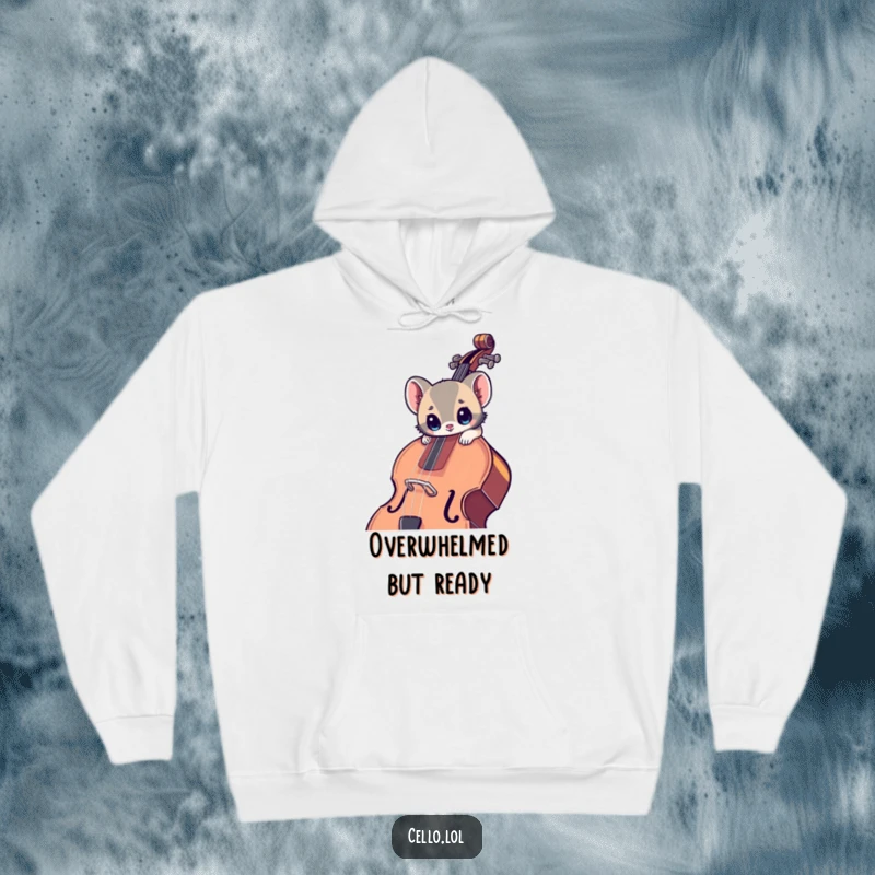 Funny, warm hoodie depicting a small animal with wide eyes leaning into a large cello, offering cozy musical charm.