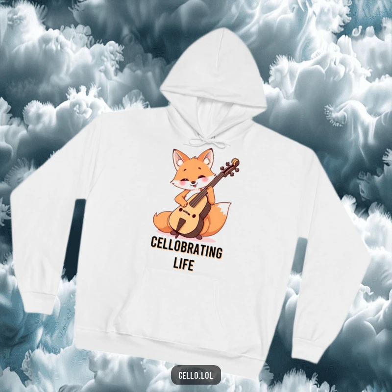 Funny Fox Cello Player Hoodie depicting a cheerful fox intently playing the cello with a look of pure musical bliss.