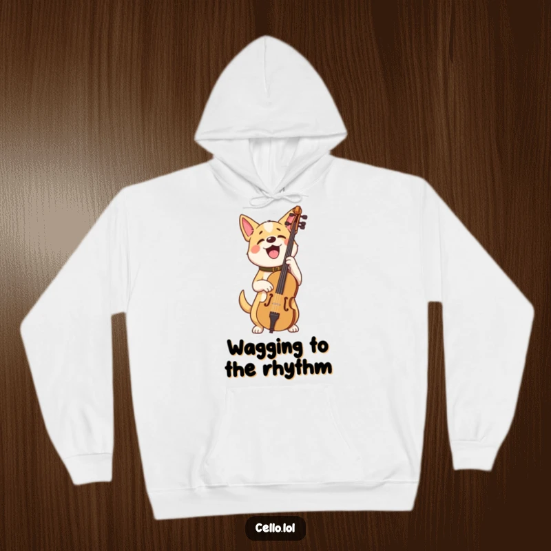 Funny dog hoodie holding cello looking very proud, a cozy and humorous musical design. Perfect funny gift for cold days.