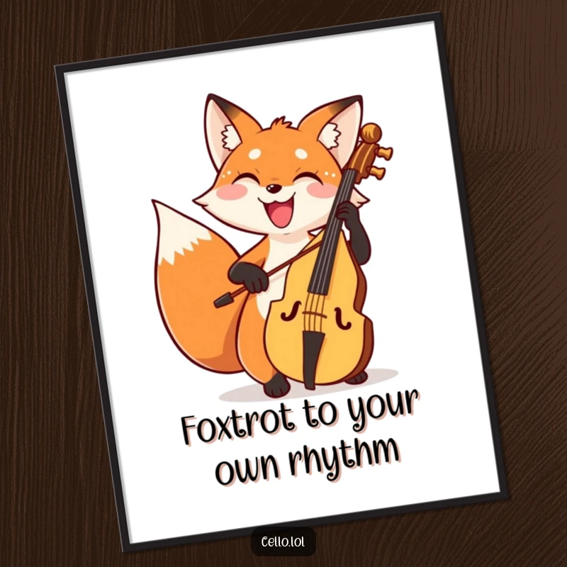 Funny Free Printable Wall Art: A fox with a huge, joyful grin enthusiastically plays the cello.
