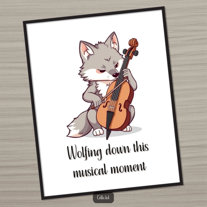 Funny Free Printable Wall Art: A determined wolf deeply concentrating while playing the cello, creating an atmosphere of artistic focus.