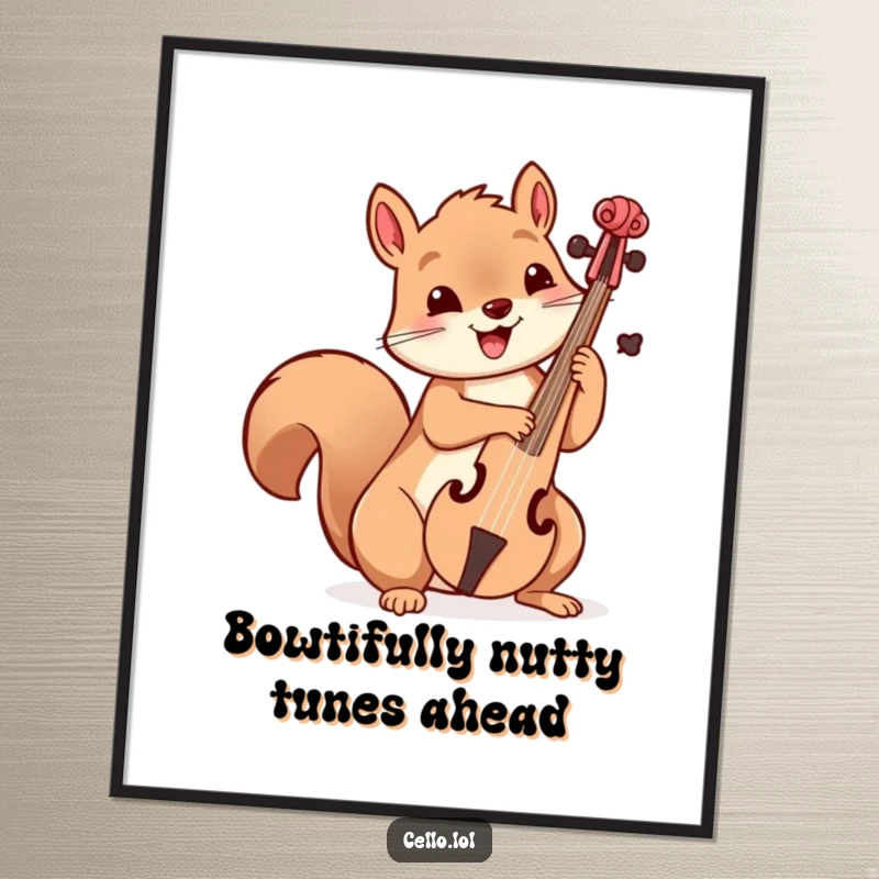 Funny Free Printable Wall Art: A playful squirrel holding a cello bow with visible delight, radiating cheerful energy.
