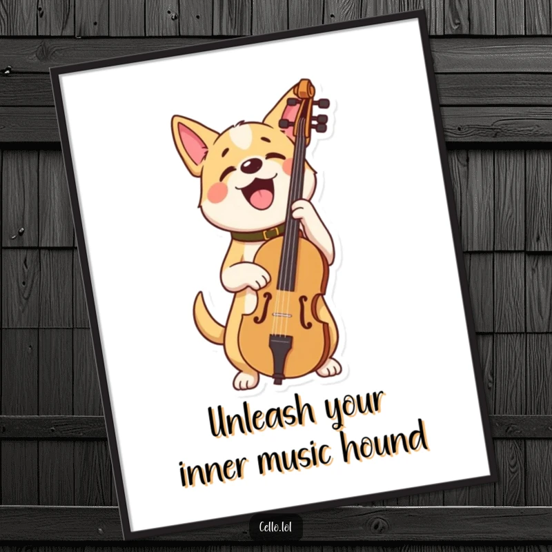 Funny Free Printable Wall Art: A proud dog holds a cello, looking ecstatic and celebratory.