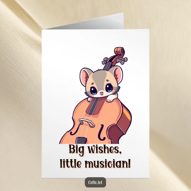 Funny Free Printable Birthday Card: A small animal with wide eyes curiously leaning into a large cello, ready for birthday fun.