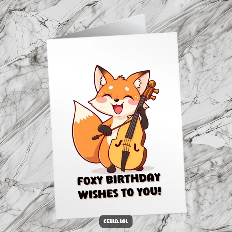 Funny Free Printable Birthday Card: A fox grins widely while joyfully bowing a cello, celebrating a birthday.