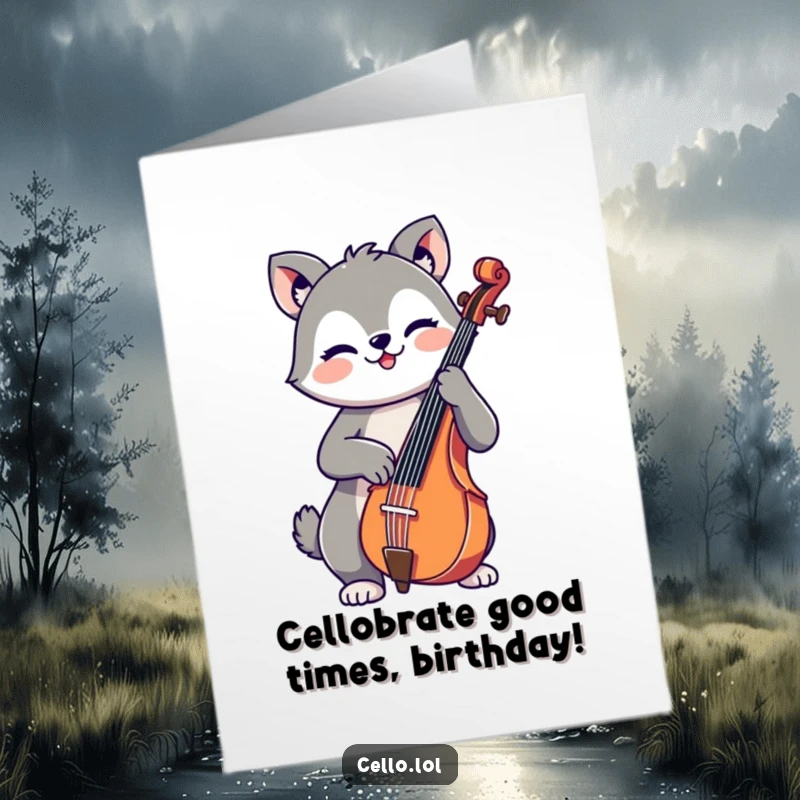 Funny Free Printable Birthday Card: A cute animal with a cheerful expression enthusiastically playing the cello, ready to deliver birthday wishes.