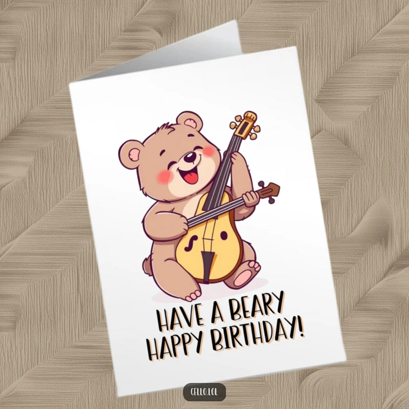 Funny Free Printable Birthday Card: A happy bear strumming a cello with wild, enthusiastic energy, a true rockstar.
