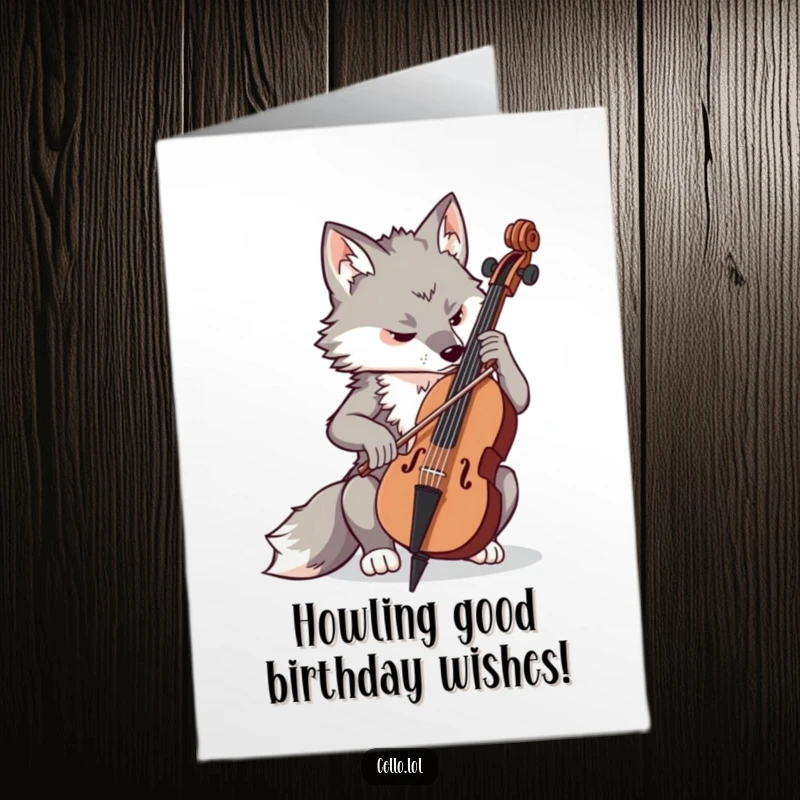 Funny Free Printable Birthday Card: A determined wolf intensely playing the cello with deep concentration, focused on the music.