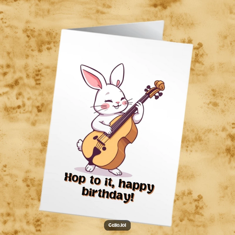 Funny Free Printable Birthday Card: A rabbit dances wildly while playing the cello with joyful abandon.