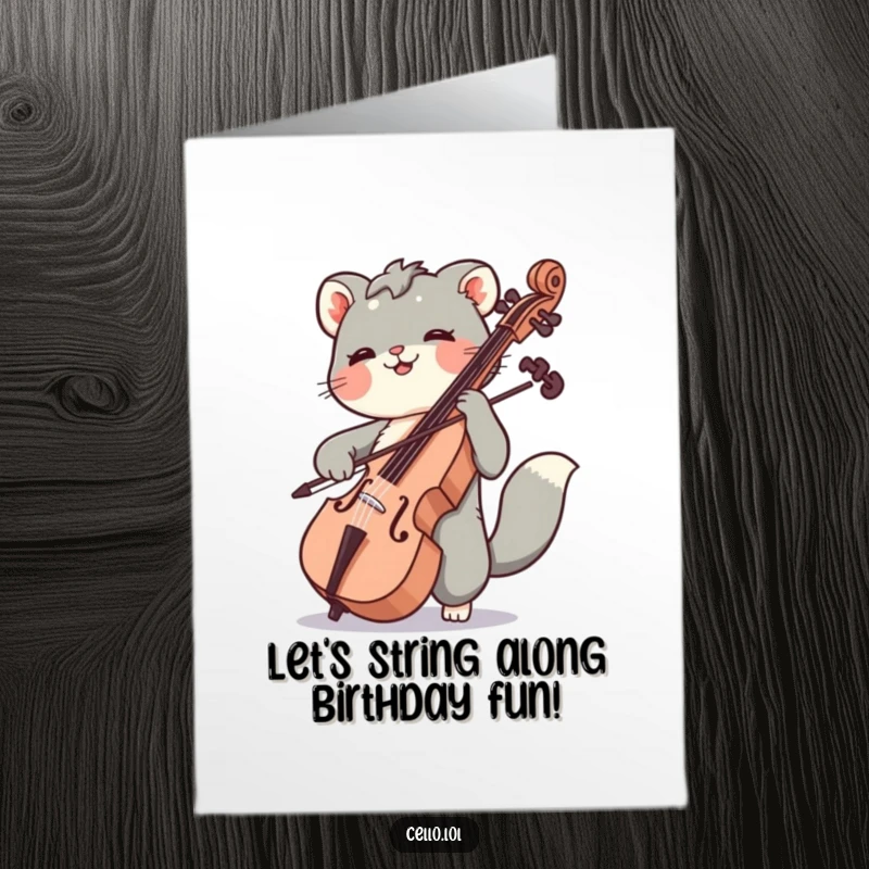 Funny Free Printable Birthday Card: An animal joyfully moving its bow across cello strings, celebrating a birthday with musical flair.