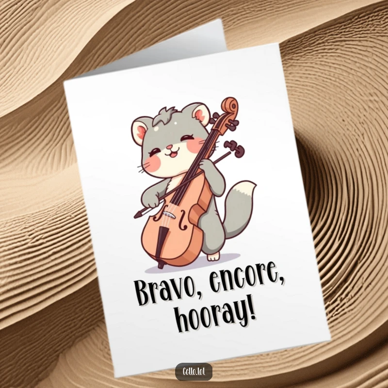Funny Free Printable Congratulations Card: An animal joyfully moving its bow across cello strings, celebrating a great achievement.