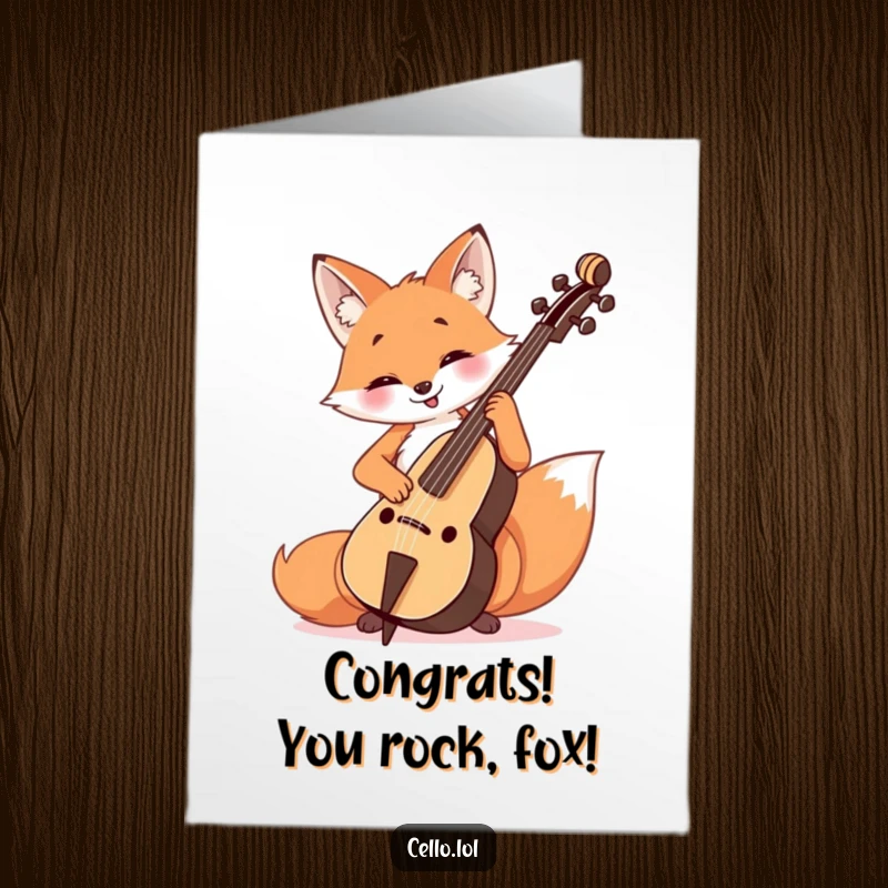 Funny Free Printable Congratulations Card: A happy fox plays the cello with focus, celebrating achievements with a triumphant melody.