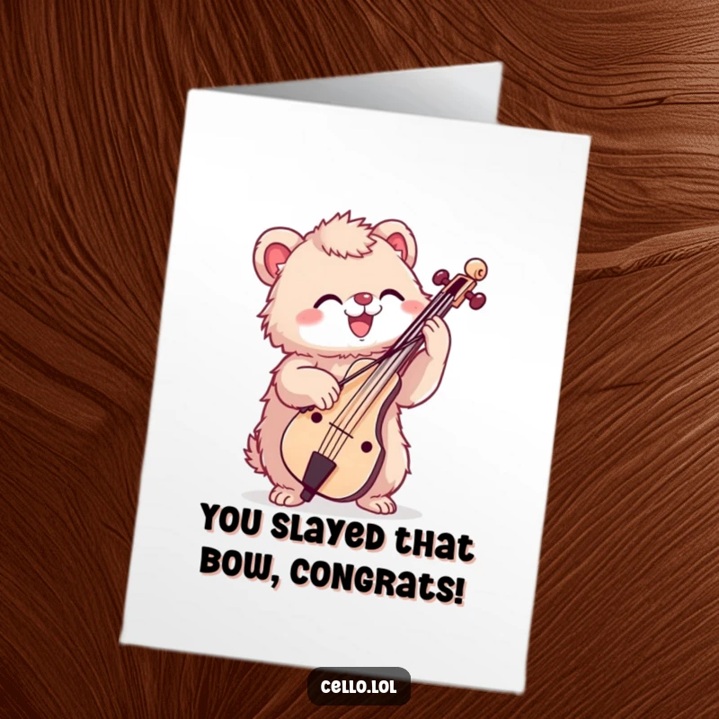 Funny Free Printable Congratulations Card: A fuzzy creature enthusiastically bowing a cello, celebrating a grand success with music.