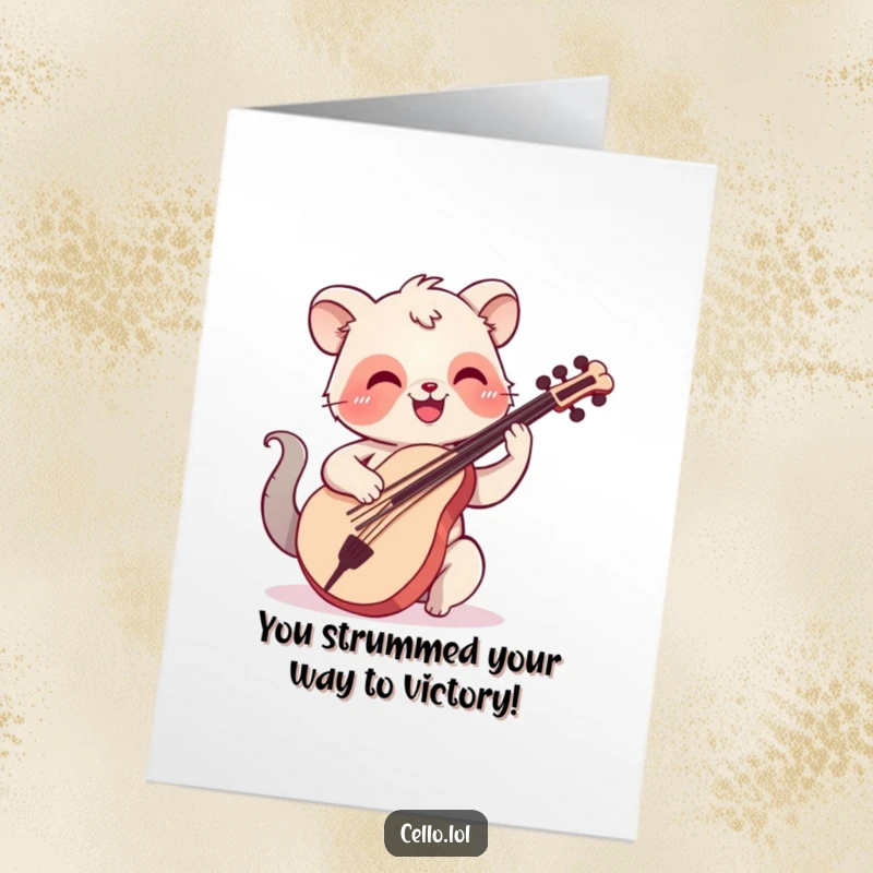 Funny Free Printable Congratulations Card: An animal with a happy smile plucking cello strings, celebrating a wonderful accomplishment.