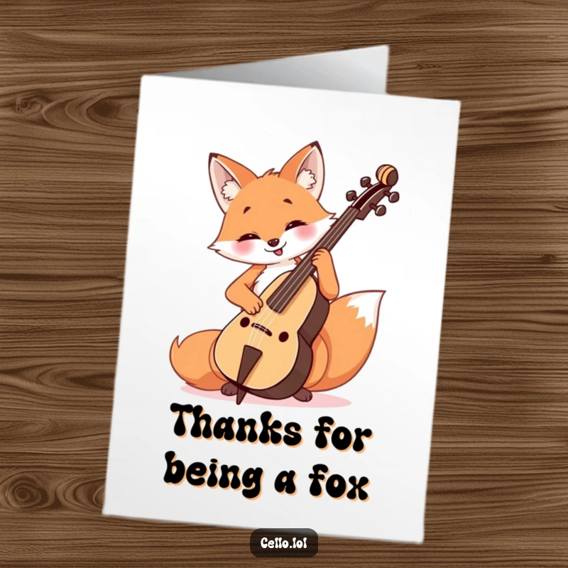 Funny Free Printable Thank You Card: A cheerful fox plays the cello with dedication, conveying sincere thanks through music.