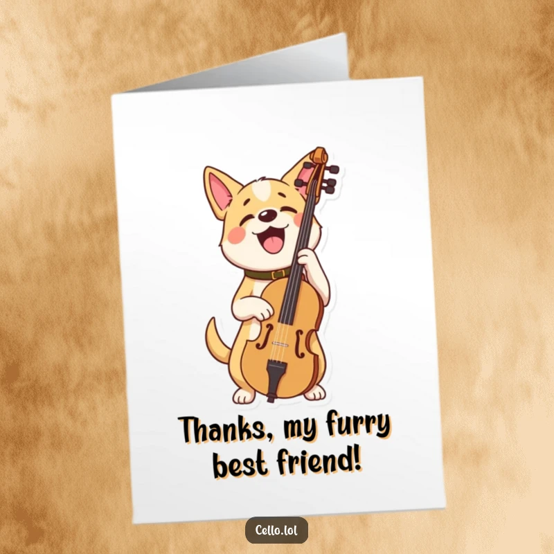 Funny Free Printable Thank You Card: A proud dog holds a cello, beaming with gratitude.