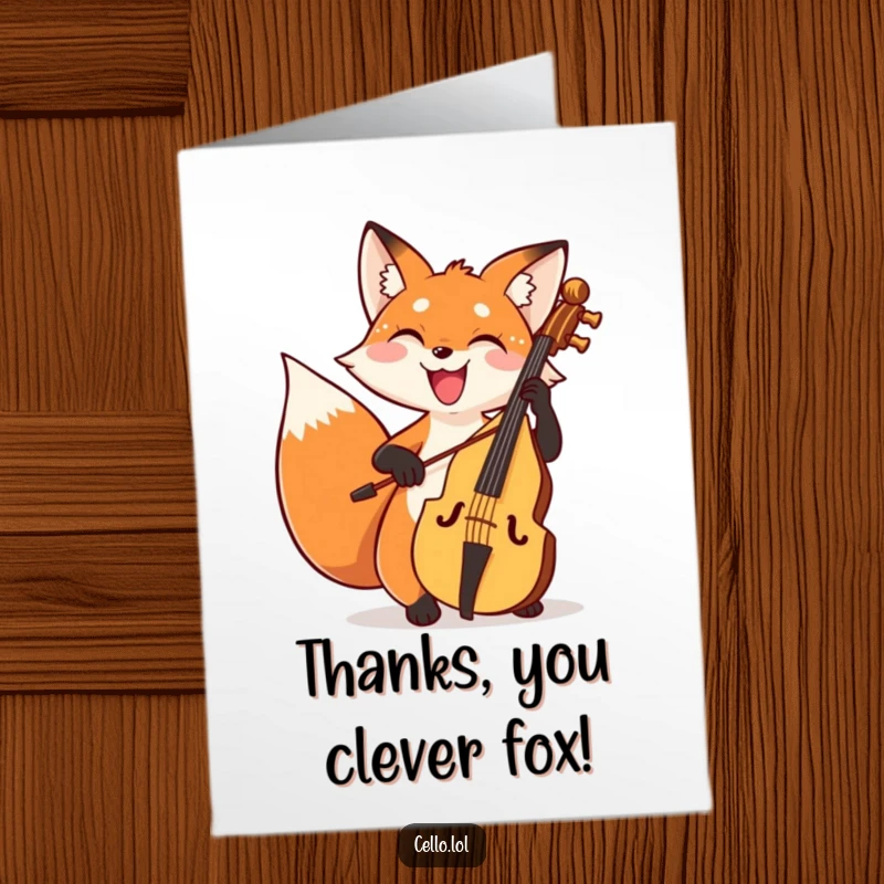 Funny Free Printable Thank You Card: A fox with a wide grin plays cello, offering sincere thanks.