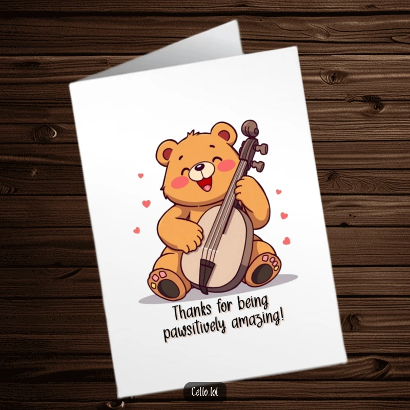 Funny Free Printable Thank You Card: Bear passionately plays cello, expressing heartfelt thanks with musical flair.