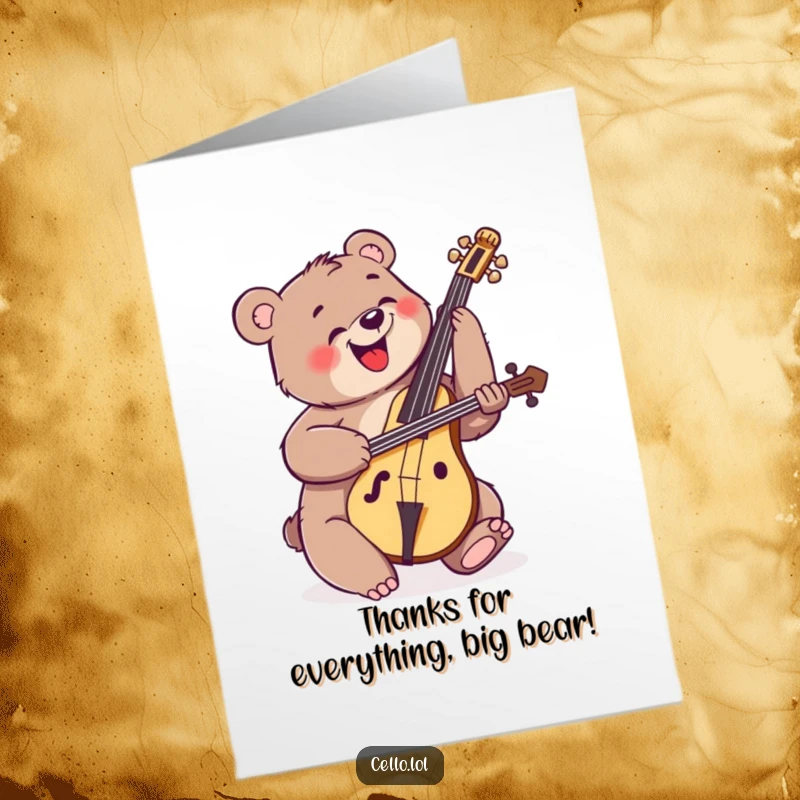 Funny Free Printable Thank You Card: A happy bear playing the cello with immense enthusiasm, expressing heartfelt thanks musically.