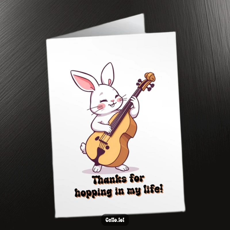 Funny Free Printable Thank You Card: A rabbit dances with playful abandon while playing the cello, offering thanks.