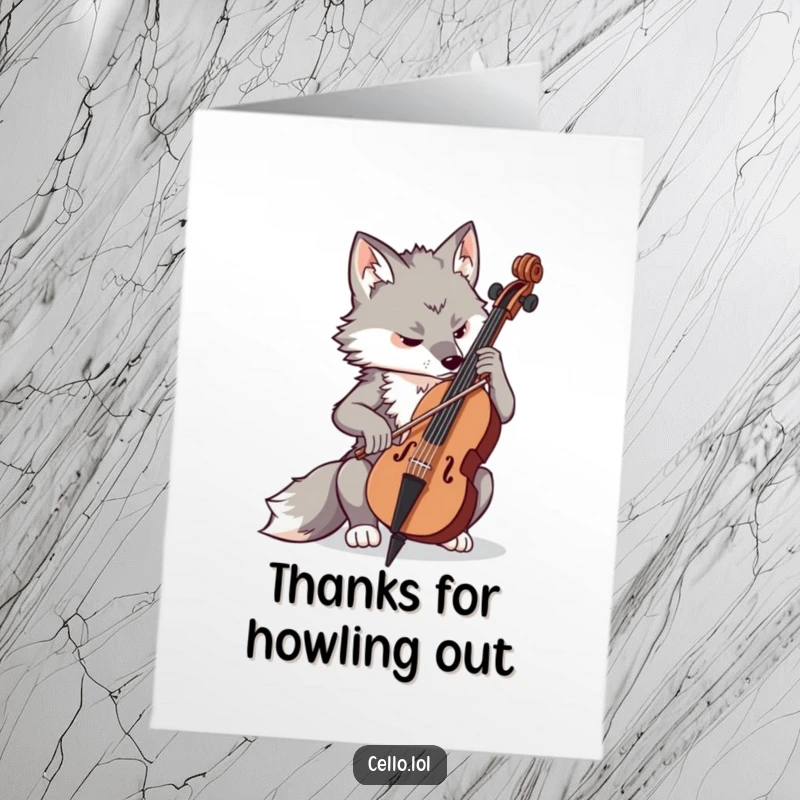 Funny Free Printable Thank You Card: A wolf playing the cello with intense concentration, conveying gratitude through dedicated performance.