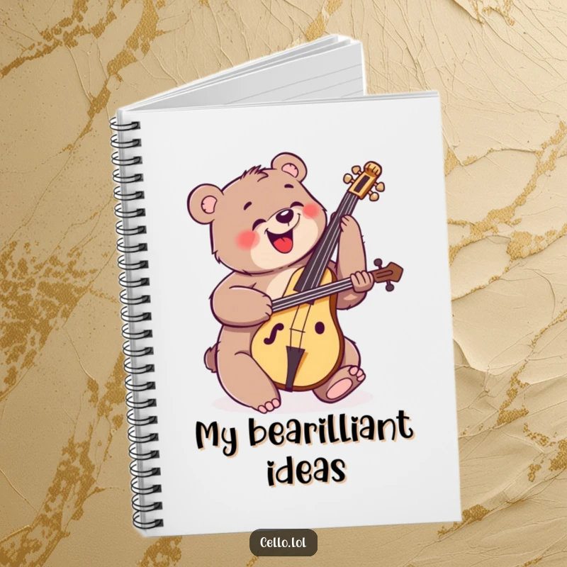 Funny happy bear strumming cello with enthusiastic energy, musical notebook, journal, energetic creature, creative gift, perfect funny gift.