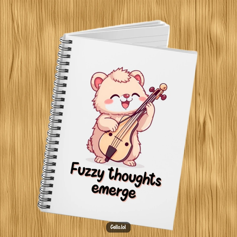 Funny notebook with a fuzzy creature enthusiastically bowing a cello, perfect for writing music or notes humorously.