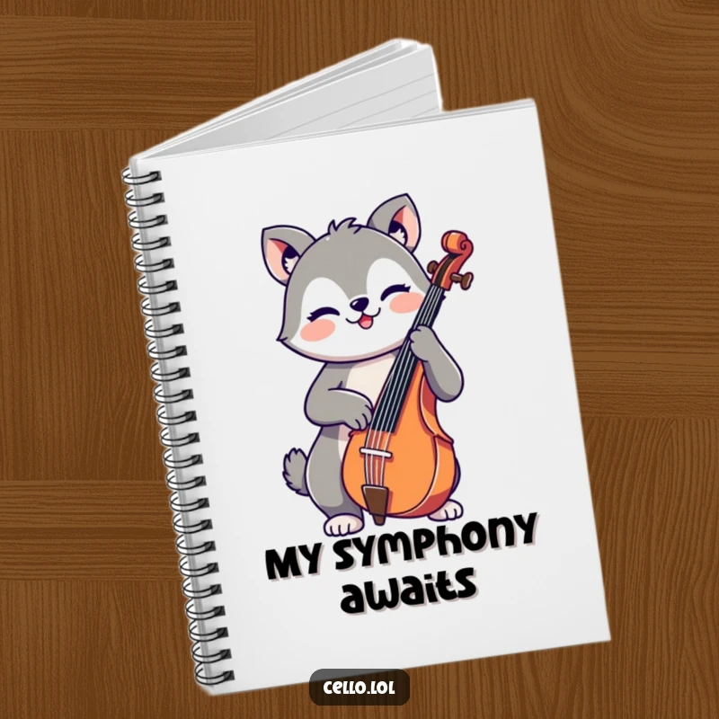 Funny notebook with a cute, cheerful animal playing the cello, designed for jotting down notes, songs, or daily thoughts with humor.