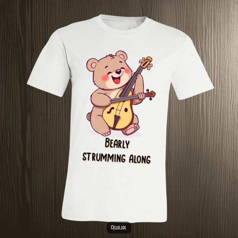 Funny happy bear strumming cello with enthusiastic energy, t-shirt design, music lover apparel, lively creature, awesome funny gift.