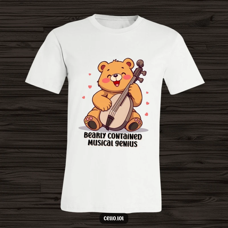 Funny bear t-shirt playing cello with great enthusiasm, a passionate musician full of joy. Excellent funny gift for music fans.