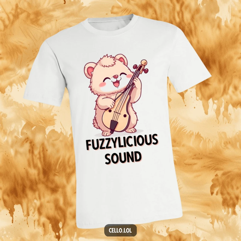 Funny T-shirt showcasing a fuzzy creature enthusiastically bowing a cello, celebrating musical passion with humor and charm.