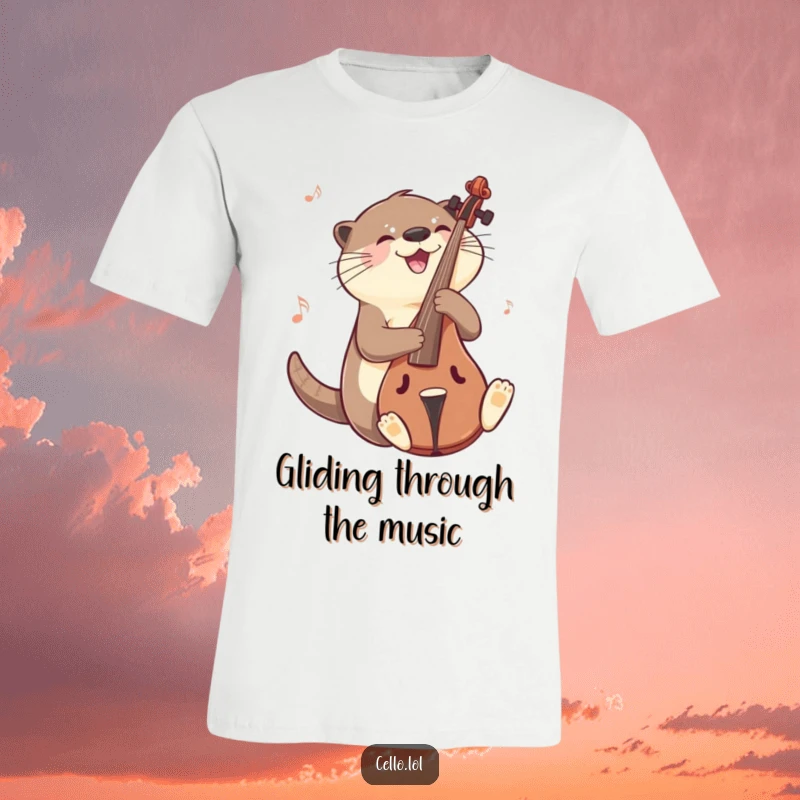 Funny otter t-shirt sliding on cello with a musical gleam, a happy musician enjoying the ride. Great funny gift for music fans.
