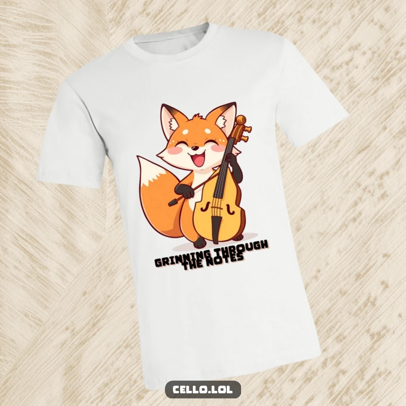 Funny fox t-shirt bowing cello with a wide joyful grin, a beaming musician full of happiness. Great funny gift for music fans.