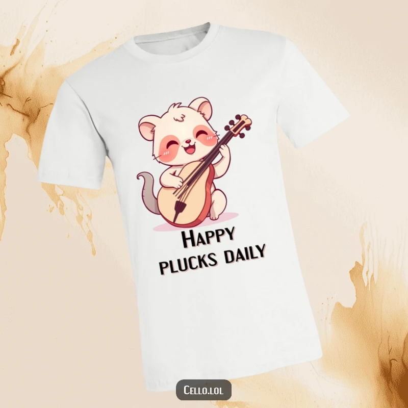 Funny T-shirt depicting a happy animal with a smile plucking cello strings, celebrating music with joy and humor.