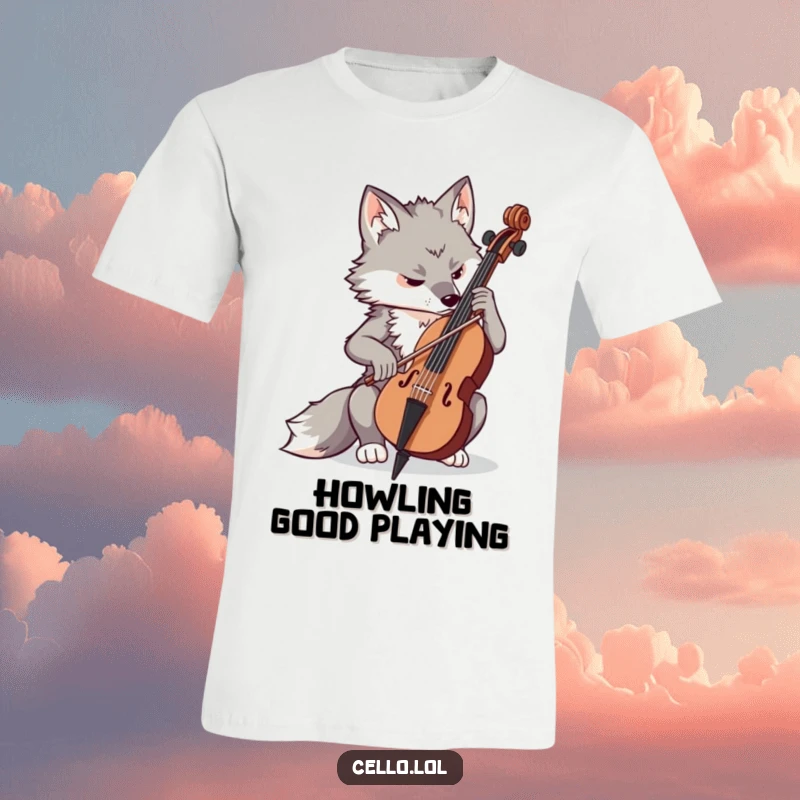 Funny determined wolf playing cello with concentration, intense musician shirt, music lover apparel, focused creature, perfect funny gift.