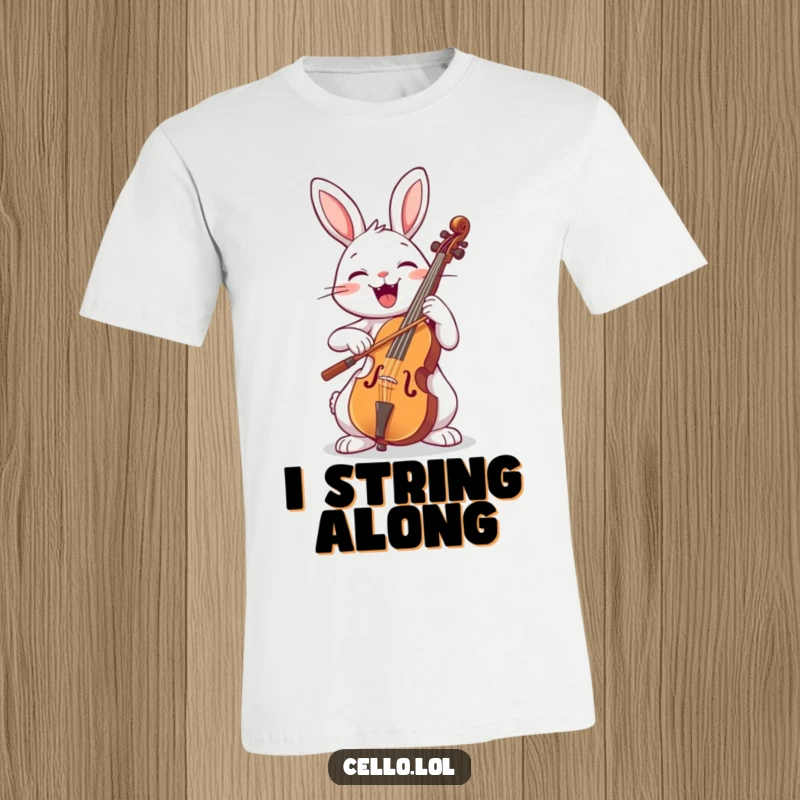 Funny joyful rabbit bowing a cello with a wide smile, performing music with enthusiasm, cute animal wearing shirt, great gift.