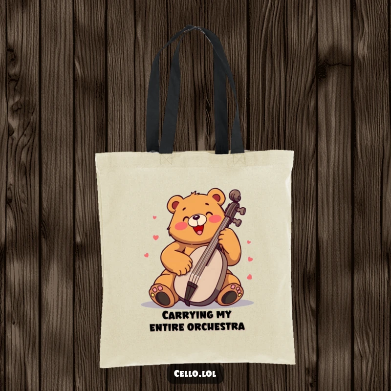 Funny bear tote bag playing cello with immense enthusiasm, a stylish and humorous way to carry items. Great funny gift.