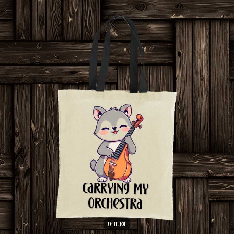 Funny tote bag with a cute, cheerful animal playing the cello, offering a stylish and humorous way to carry music or daily items.